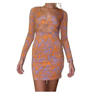 Divided EUC retro 70's swirl abstract bright print twist front long sleeve dress